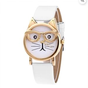Gold Cat Face Watch with White Strap